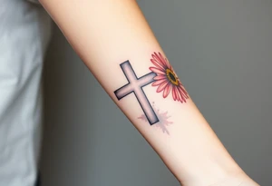 Gerber daisys behind negative space cross for forearm tattoo idea