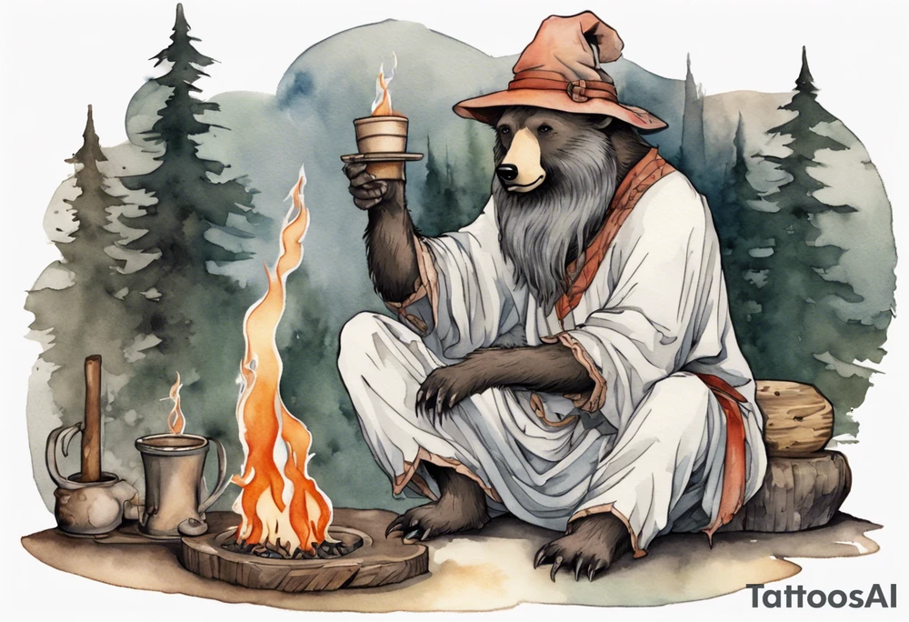 a medieval bear-human hybrid with a long grey beard wearing a tunic and a floppy hat sitting by a fire drinking from a wood cup tattoo idea