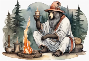 a medieval bear-human hybrid with a long grey beard wearing a tunic and a floppy hat sitting by a fire drinking from a wood cup tattoo idea