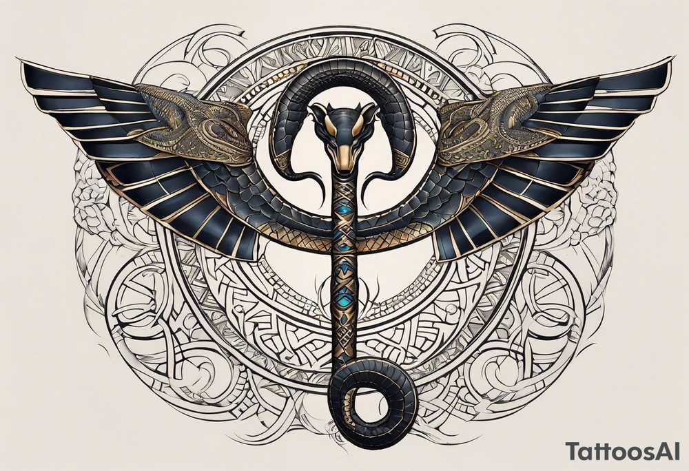 Create a tattoo design featuring an Egyptian cobra or horned viper elegantly wrapping around an ankh. The snake's head should face outward near the top loop of the ankh. Include intricate scales and subtle patterns, emphasizing careful highlights and shadows to create a realistic intertwined effect with the ankh. The design should convey complexity and flow along the forearm, making the ankh appear guarded and enhancing its spiritual, protective aura. tattoo idea