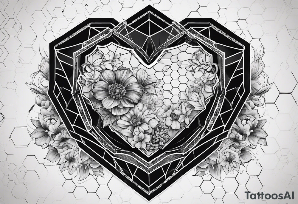 hexagon chest heart  surrounded by hexagons tattoo idea