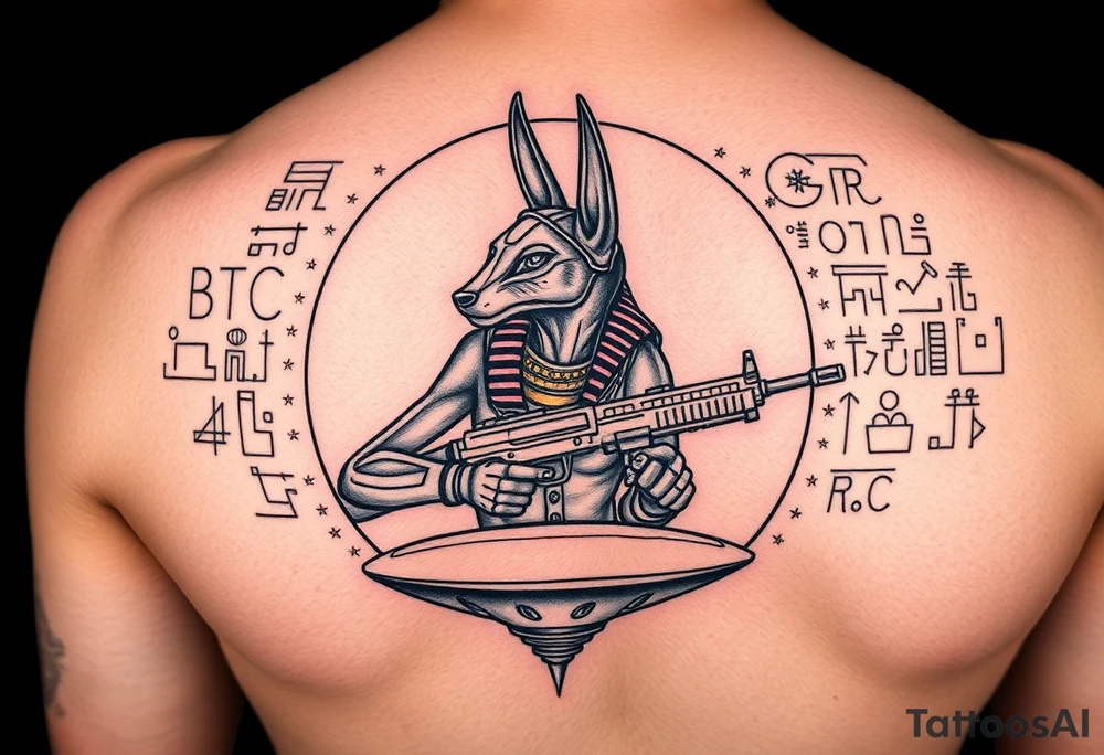 "Anubis in a ufo, holding a tommy gun. His jackal head is half-cyborg (exposed circuits). Hieroglyph background spells 'BTC TO THE MOON'.  

Style: Art Deco meets cyber-Egyptian. Black/red/gold ink. Forearm sleeve." tattoo idea