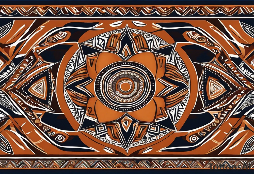 Ornement en longueur du coude à mi bras. Forme géométrique en longueur avec des signes aborigène australiens désignant les kangourous, la vie. Puis dessiner un soleil, des vagues et des feuilles en rapport à l’Australie ou Bali. tattoo idea