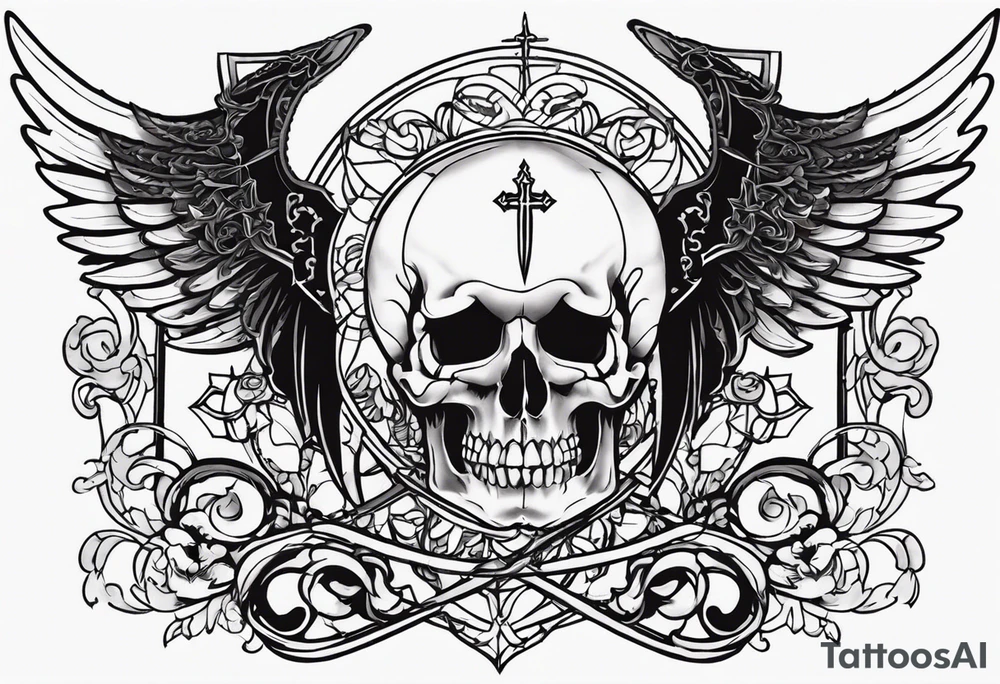 In the center is a half skull pierced by a large sword. On either side of the skull, there are spread angel wings, Beneath the skull is a ribbon cross elements on that, ribbon weaves through both the skull and the sword tattoo idea