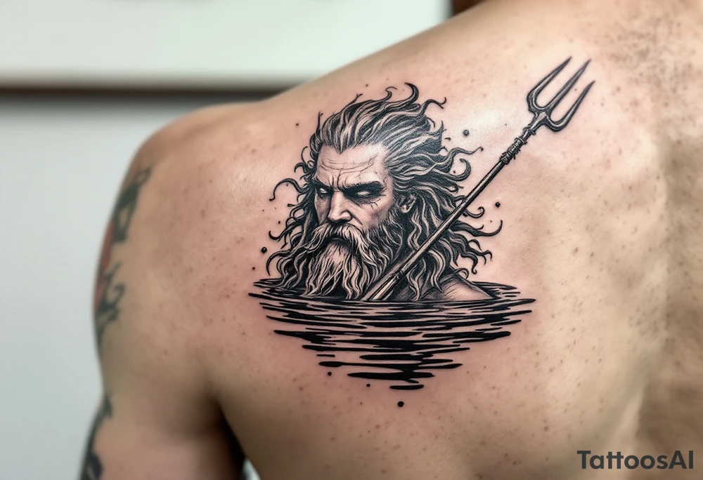 poseidon with trident half way in calm water tattoo idea