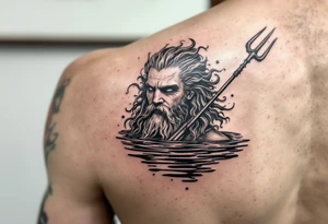 poseidon with trident half way in calm water tattoo idea
