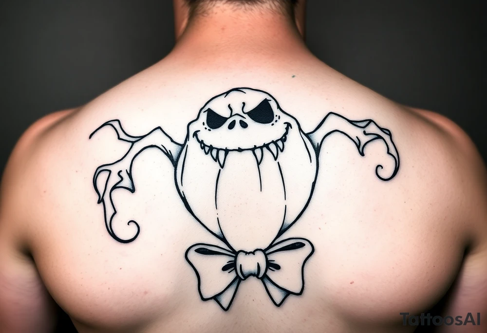 oogie boogie from nightmare before Christmas with a bow simple linework only tattoo idea