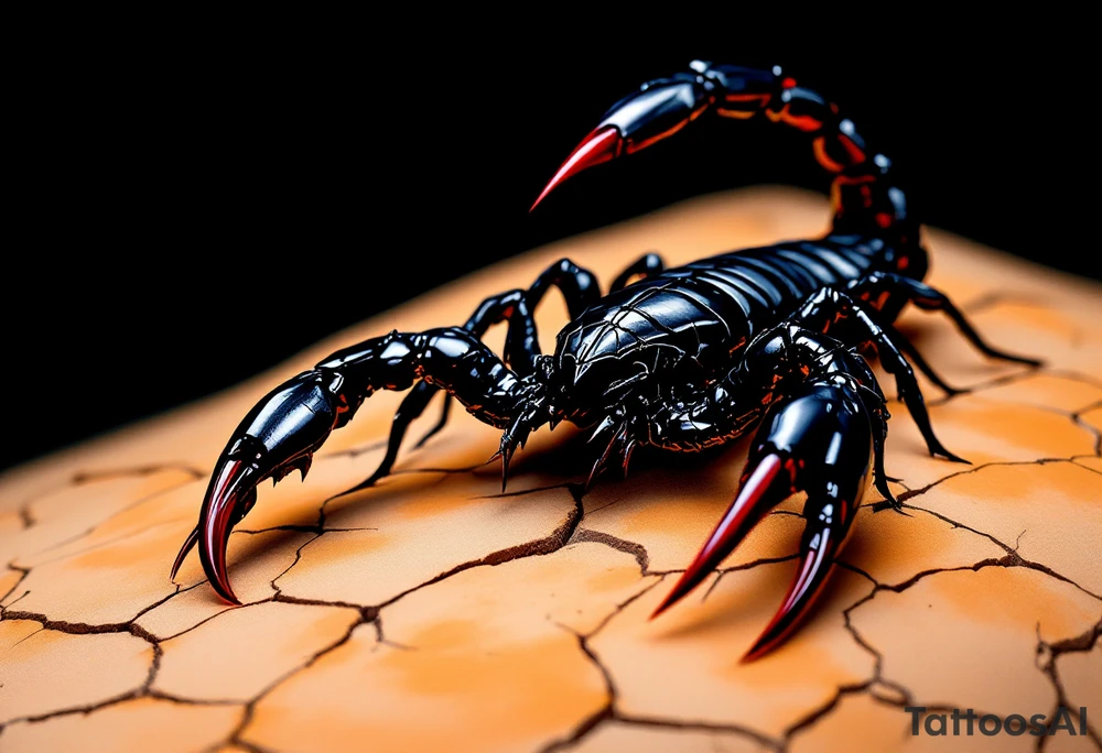 A fierce black scorpion with glossy obsidian armor, tipped with deep crimson on its pincers and venomous stinger, poised in a striking position atop cracked desert sand in shades of golden brown and burnt orange. tattoo idea