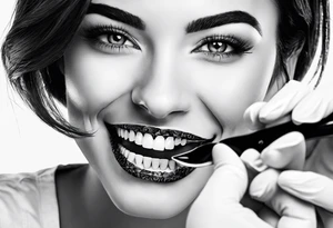 a view of a female, attractive dentist working on a set of teeth, seen from inside the mouth tattoo idea