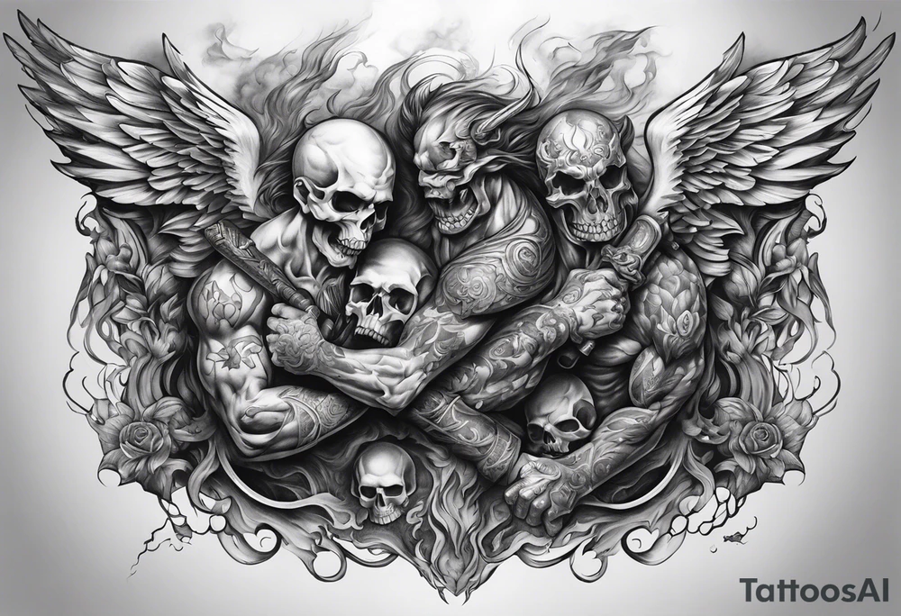 Angels fighting demons full sleeve with skulls and fire and smoke for filler tattoo idea