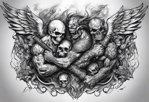 Angels fighting demons full sleeve with skulls and fire and smoke for filler tattoo idea