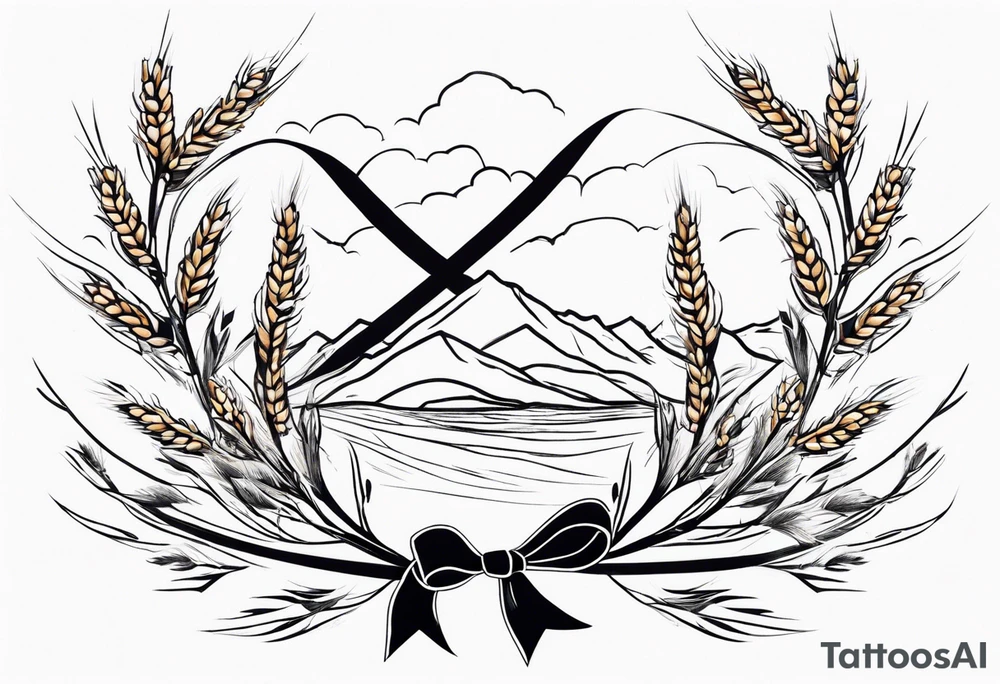 Oak tree leaves with wheat stalks wrapped in a ribbon tattoo idea