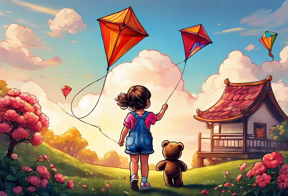 back image of a little girl flying a kite and a teddy bear who is wearing overalls, standing beside her tattoo idea