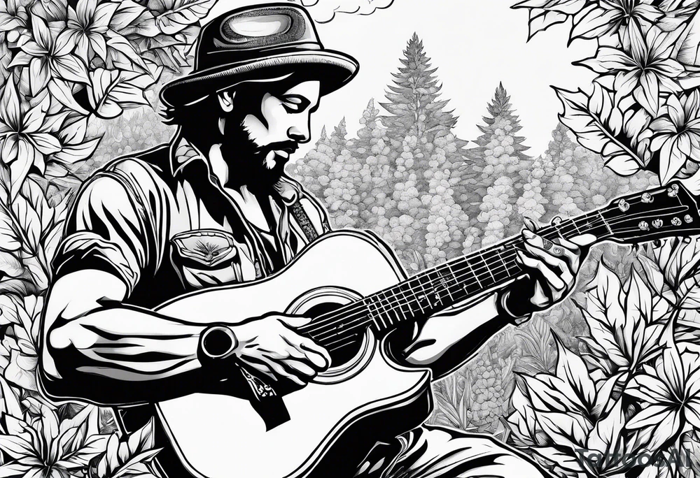 smoking weed, book, playing guitar tattoo idea