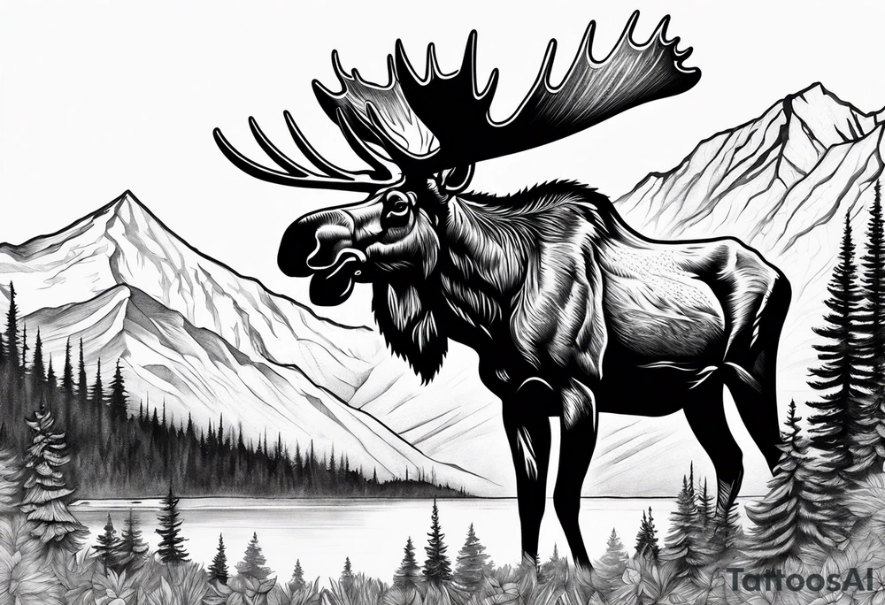 moose with mountain in the background tattoo idea