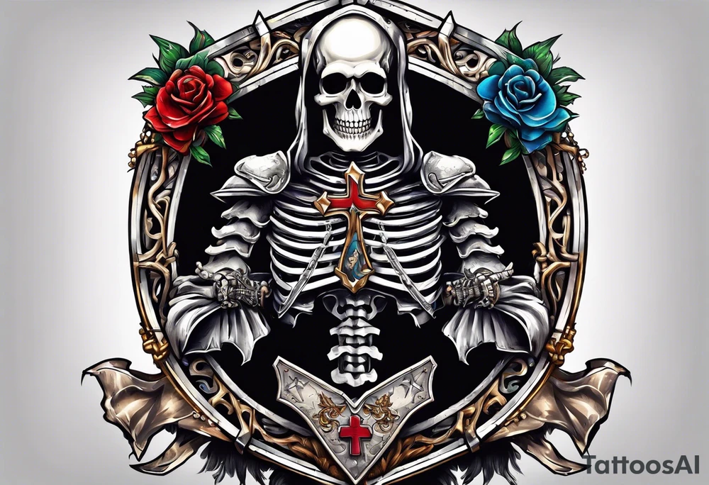 skeleton holding a shield with a cross on it tattoo idea