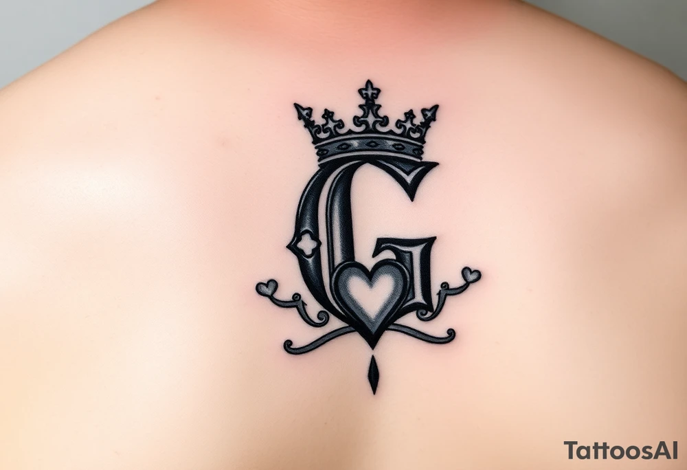 Letter G with a king crown and hearts tattoo idea