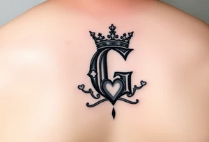 Letter G with a king crown and hearts tattoo idea