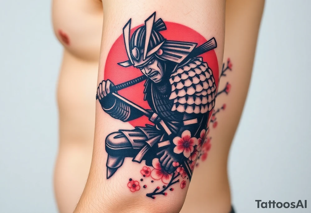 Half sleeve of a Samurai in fighting position with a cherry blossoms and a pagola in the background tattoo idea