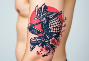 Half sleeve of a Samurai in fighting position with a cherry blossoms and a pagola in the background tattoo idea