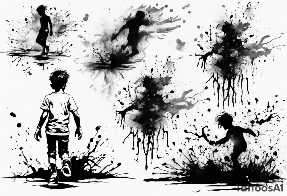 Paint splash drawing a lost boy walking alone tattoo idea