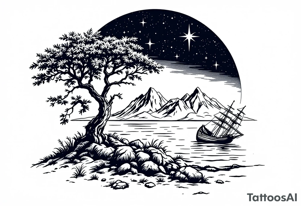 tattoo that has an acacia tree with mountains, ocean with a ship wreck and the northern star tattoo idea