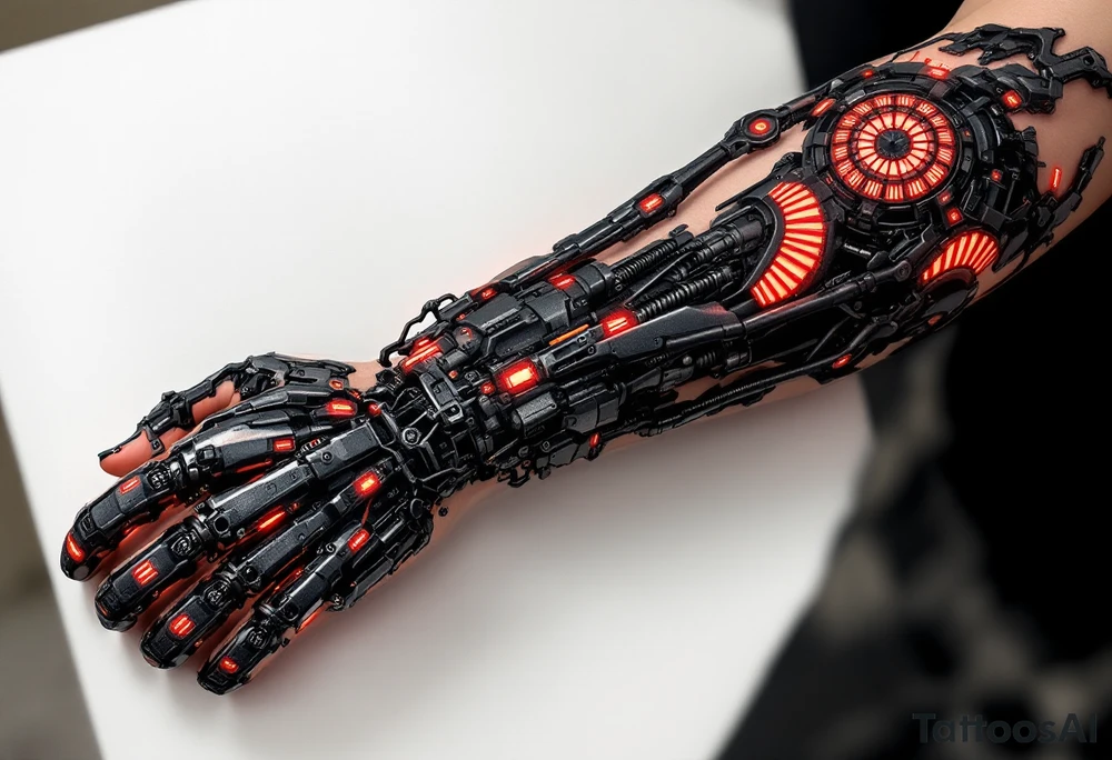A biomechanical forearm sleeve with blackened steel tendons and pulsing red LED-like highlights under semi-transparent skin. tattoo idea