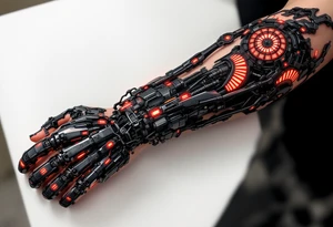 A biomechanical forearm sleeve with blackened steel tendons and pulsing red LED-like highlights under semi-transparent skin. tattoo idea