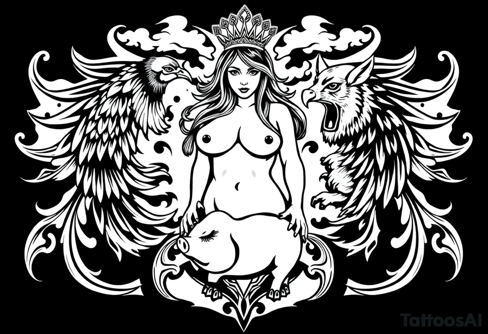 fat naked sexy woman , peacock , pig ,cakes, liquor, cigerette, Storm clouds, pig, peacock , fat sexy naked fat woman, cupcakes, noose , money, goat lion, couple having sex, cigerette storm lightening, killing, darkness death, violent majestic creatures tattoo idea
