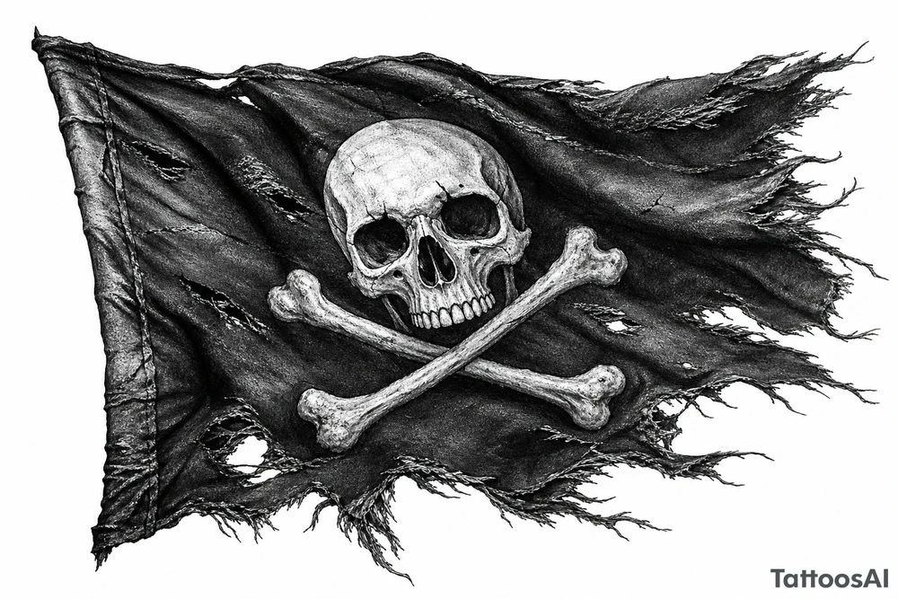 Tattered Jolly Roger flag, frayed edges, torn canvas texture, close-up. tattoo idea