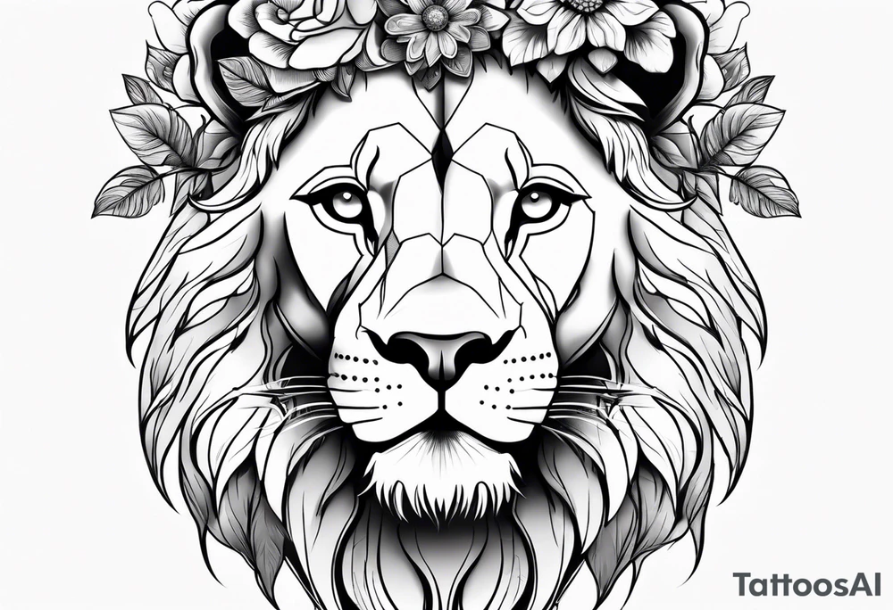 Beautiful lion with necklace and a flower headband tattoo idea