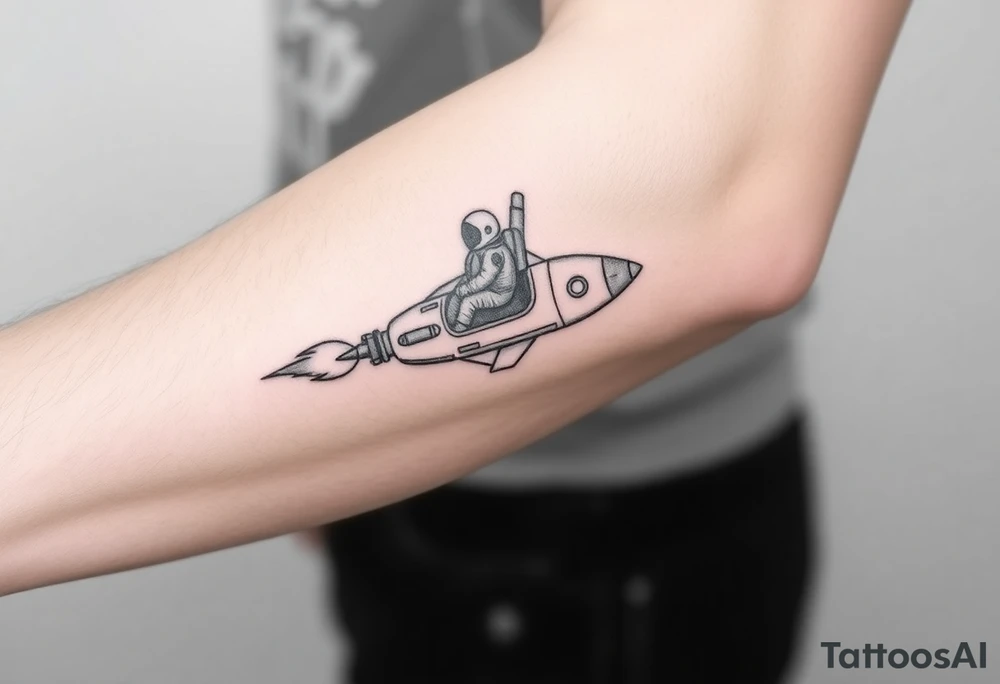 Busted Rocket ship with sparks coming out the back  with astronaut riding it tattoo idea