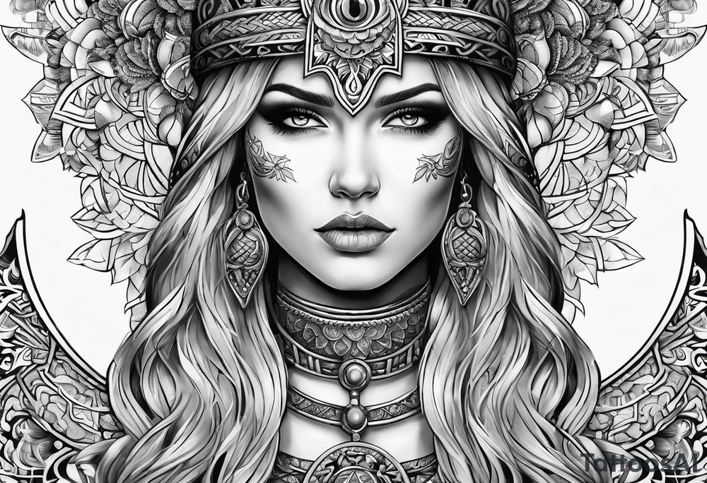 Viking, feminine warrior, mandala, bedroom eyes tattoo idea