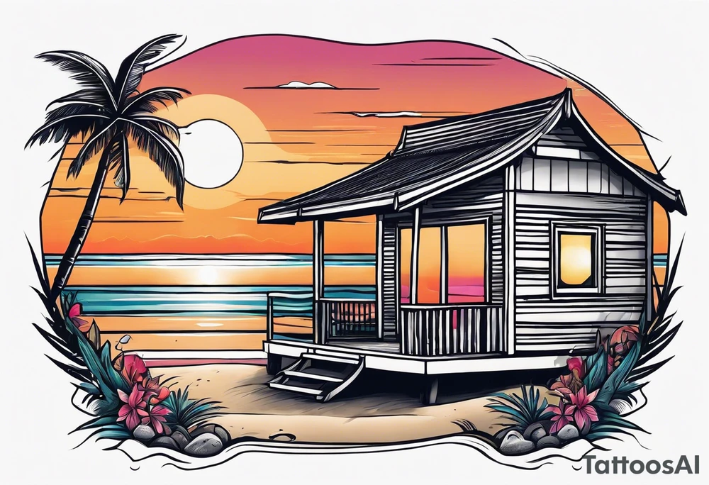 negative space linework cabana on a beach at sunset tattoo idea