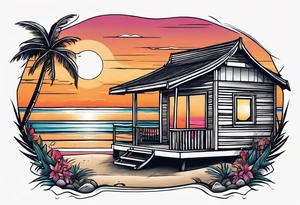 negative space linework cabana on a beach at sunset tattoo idea