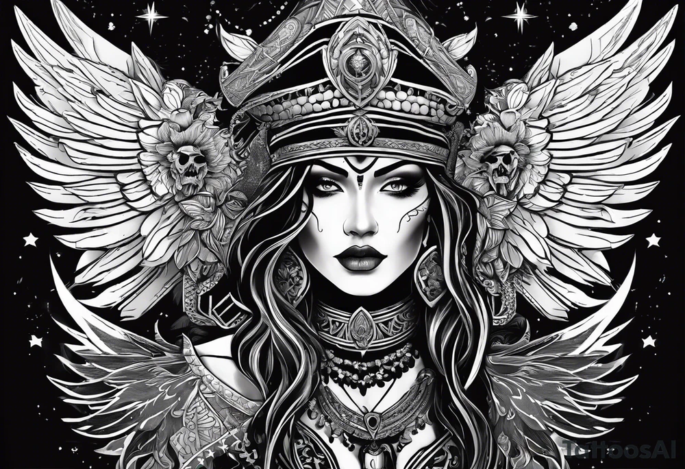 black kali, goddess pirate, alien, pachamama, valkrye, warrior, skull, lotus azul, wing, eagle, zenza resonance, stars, one side chest tattoo idea