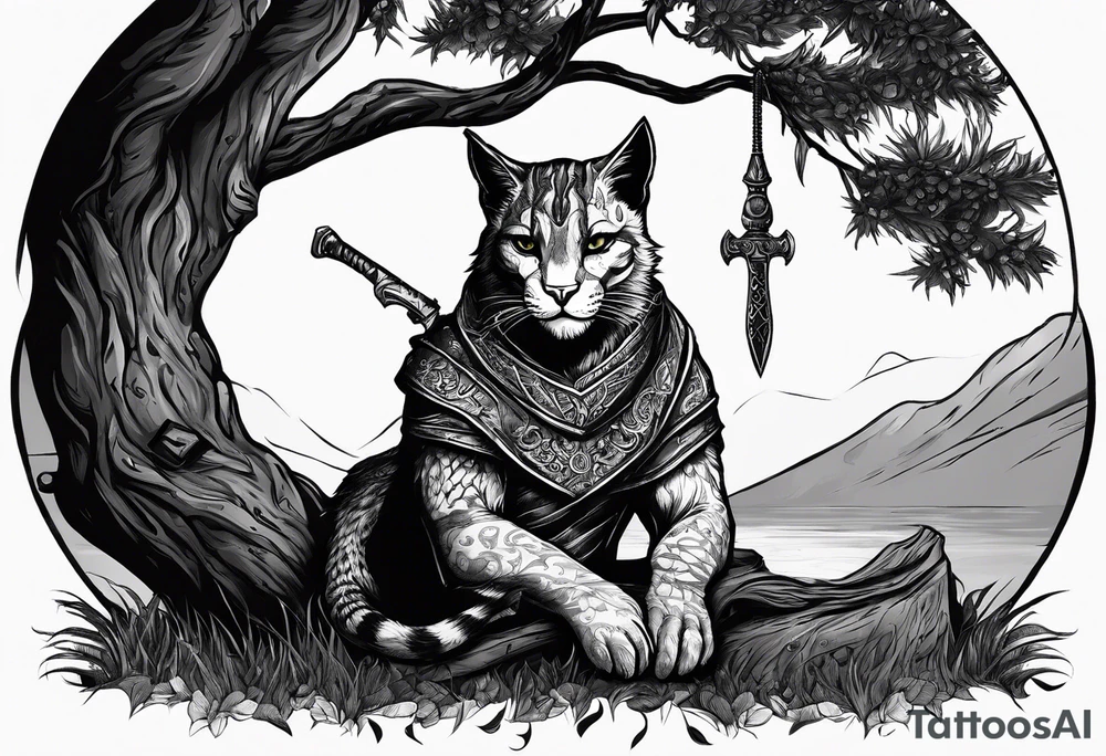 Khajiit sitting under a tree with an empty skooma bottle and a dagger with text that says “Khajiit’s Bane” tattoo idea