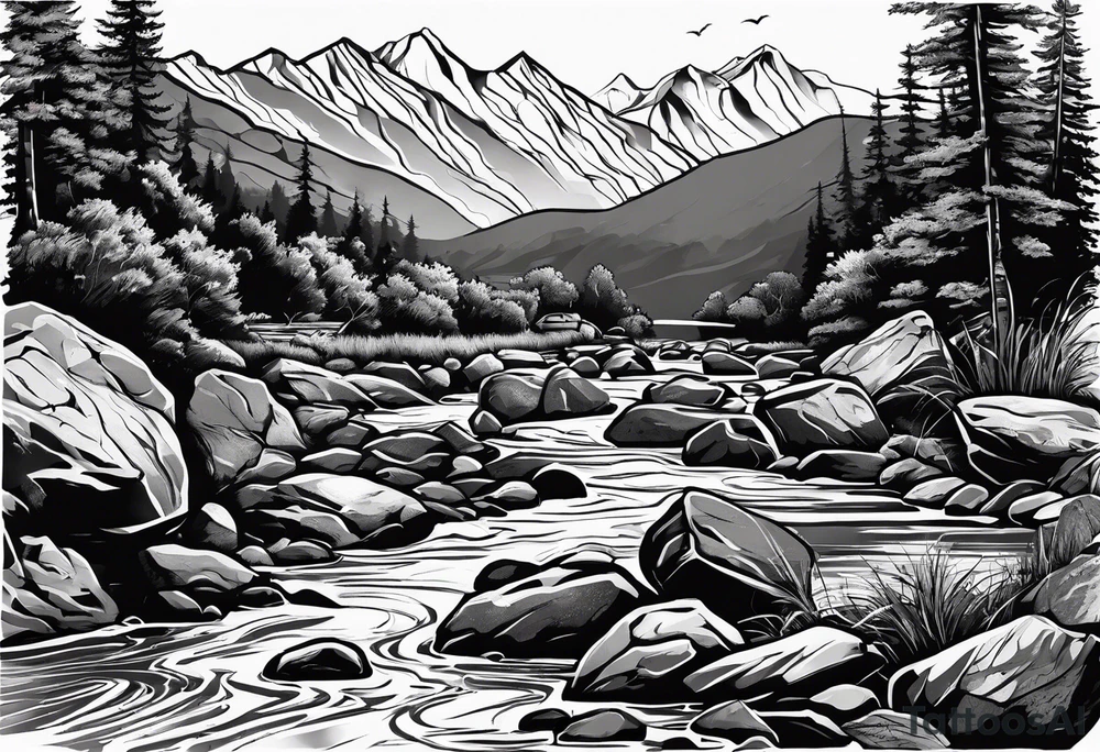 river running through rocks and mountains tattoo idea