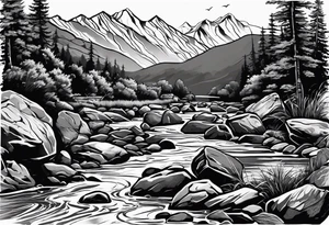 river running through rocks and mountains tattoo idea