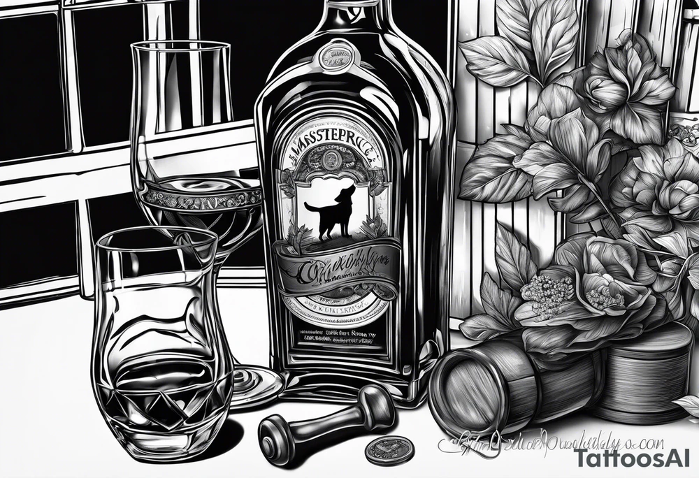 Canadian whiskey and glass and dog tags tattoo idea