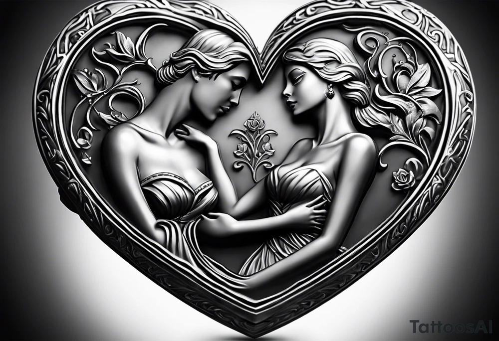 necklace heart locket with a male and female shadow hugging tattoo idea
