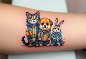 A cartoon cat, a loyal dog, and a tiny bunny dressed on casual human clothes tattoo idea