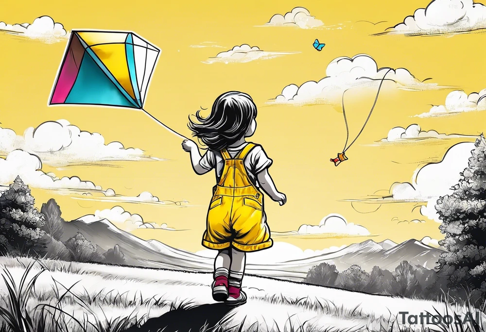 back image of a little girl flying a kite with a teddy bear in yellow overalls standing beside her tattoo idea