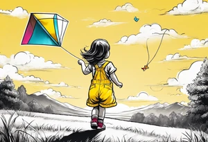 back image of a little girl flying a kite with a teddy bear in yellow overalls standing beside her tattoo idea