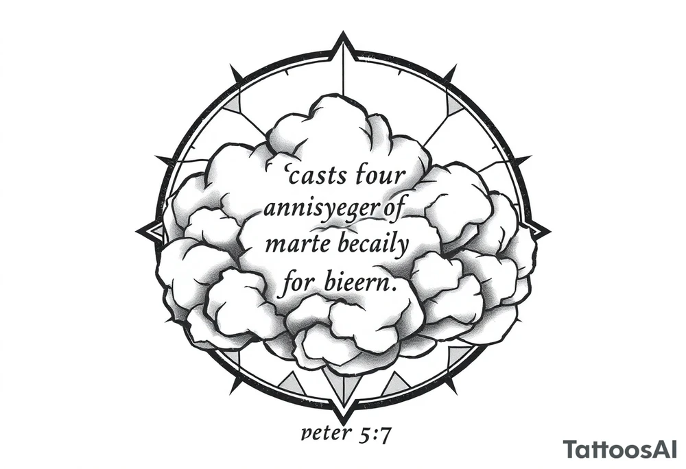 cast all your anxiety on him because he cares for you"  1 peter 5:7 with clouds tattoo idea