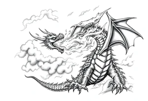 fierce dragon breathing iridescent fire against stormy skies tattoo idea