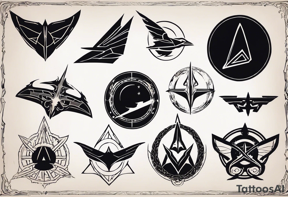 i have tattoos on my left arm that relate to the Klingons in Star Trek, including the symbol of the Klingon empire, the bat'leth sword, SOME KLINGON WRITING, AND A BIRD OF Prey starship. am looking for filler and additional details that are visually similar and complimentary to the imagery i am using already. tattoo idea