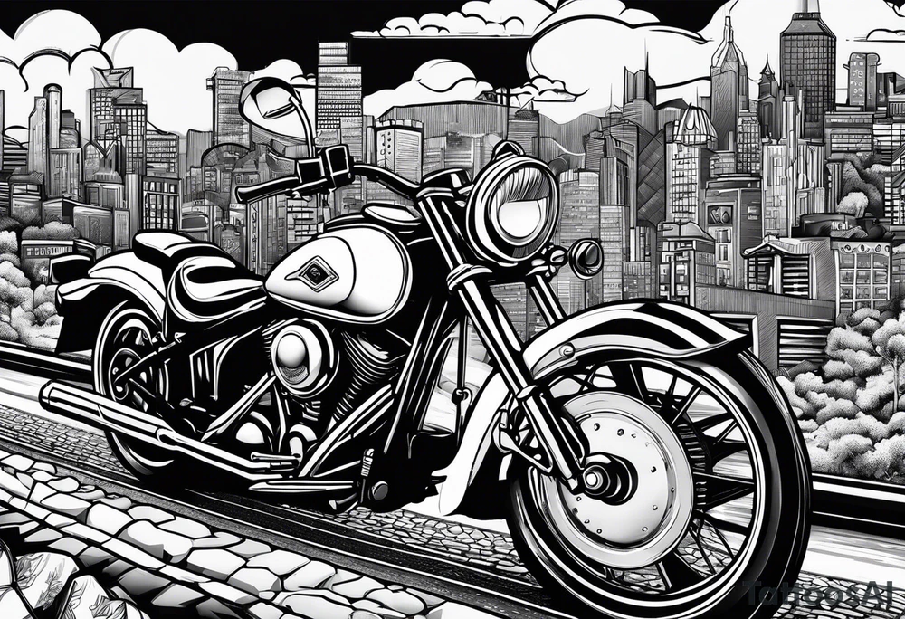 playing cards over a city with a motorcycle on the road tattoo idea