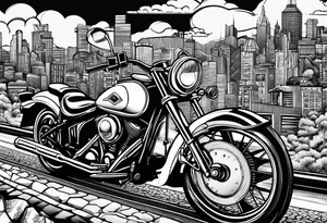 playing cards over a city with a motorcycle on the road tattoo idea