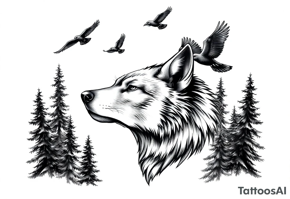 Wolf head surrounded by large pine trees and ravens flying overhead tattoo idea